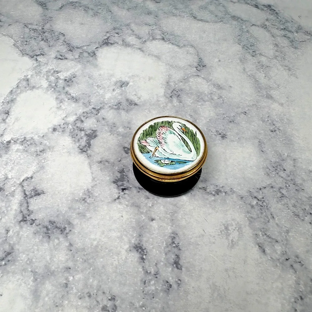T.K.S. 1801 Enamel Trinket Pill Ring Box Swan Lake Pond White Pink Spring Beauty